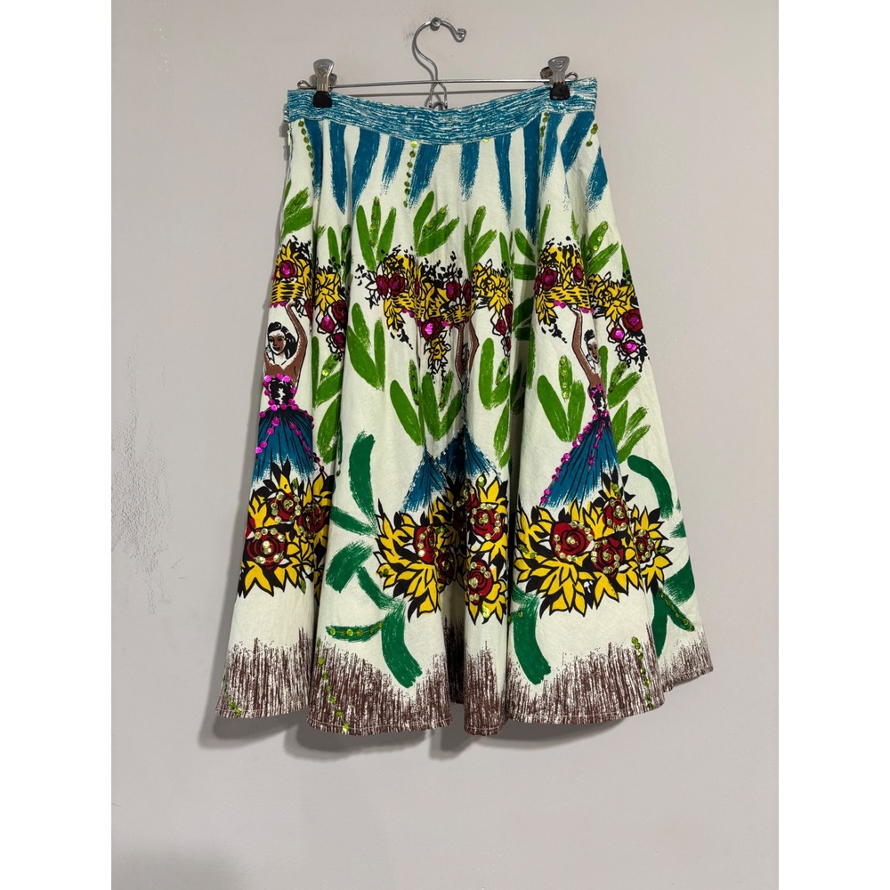 Persaman New York Novelty Print Sequin Cotton Midi Skirt White Teal Floral Sz 4